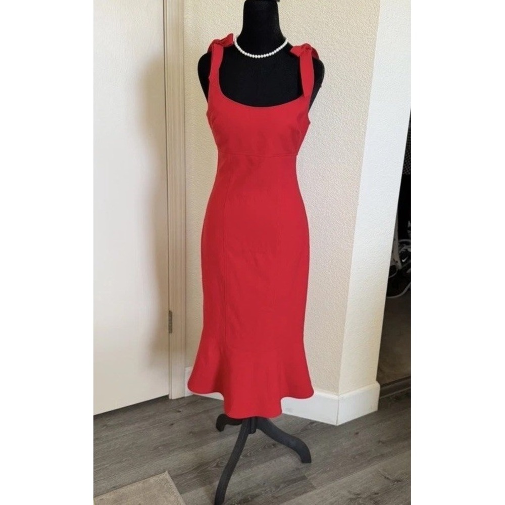 LIKELY Red Midi Dress Womens US 4 Tie Shoulder Mermaid Hem Bodycon Cocktail